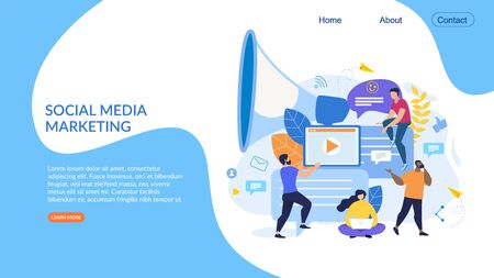 Informational Poster Social Media Marketing Flat. Creating Right Mood for Work. Men and Women Create Content for Customer against Background an Electronic Device and Loudspeaker. Vector Illustration.のイラスト素材