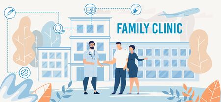 Family Clinic Presentation with Doctor Male Character in Uniform Meeting Married Couple. Cartoon Hospital Building. Healthcare, Treatment, Insurance, Examination, Vaccination. Vector Flat Illustrationのイラスト素材