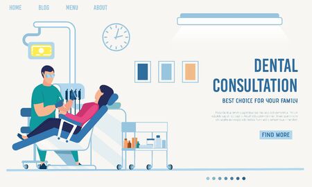 Landing Page Offering Dental Consultation Online. Orthodontist Appointment via Internet. Cartoon Woman Patient on Dentist Checkup. Telemedicine. Vector Room with Medical Equipment Illustrationのイラスト素材