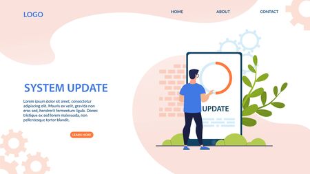 Bright Poster System Adapt Lettering Cartoon. Banner Guy Runs his Hand Over Sensor on Large Screen an Electronic Device. Flyer Man Installs Software. Vector Illustration Landing Page.のイラスト素材