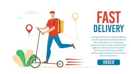 Fast Delivery Service, Logistics Company Trendy Flat Vector Web Banner, Landing Page Template. Deliveryman, Male Courier with Backpack on Back Riding Scooter, Delivering Clients Order Illustrationのイラスト素材