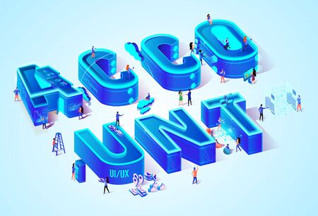 Vector 3d Neon Isometric Word Account on Cyan Blue Gradient Background. Little People Walking Among Huge Letters with Devices and Gadgets in Hands. User Interface and Experience Development Idea.のイラスト素材