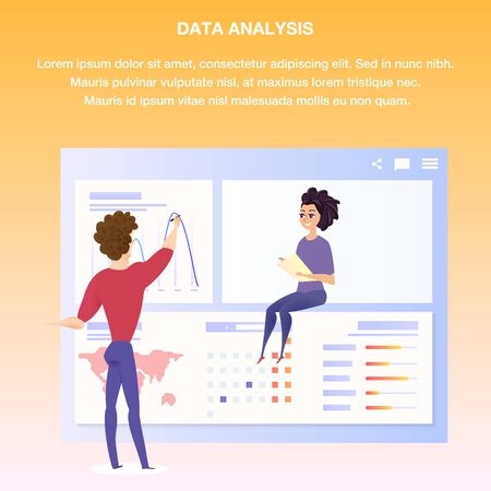 Worldwide Data Analysis Chart Banner Character. Business Man Show Global Finance Infographic Graph. Digital Marketing Kpi Presentation for Website or Landing Page. Flat Cartoon Vector Illustrationのイラスト素材