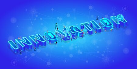 Innovation 3d Neon Isometric Word. Tiny Characters Waking Around of Huge Letters. Little Men and Women Use Smart Technology, Augmented Virtual Reality Devices and Gadgets in Life. Vector Illustration.のイラスト素材