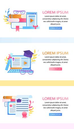 Set of Educational Banners. Heap of Textbooks with Tablet, Scroll, Glasses, Leaves Branches. Laptop with Lightbulb, Academic Cap. Diploma Certificate with Books. Copy Space. Flat Vector Illustration.のイラスト素材