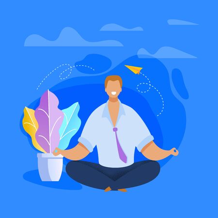Office Worker Meditating Flat Vector Illustration. Relaxed Businessman in Lotus Position Clearing Mind. Calm, Peaceful, Smiling Employee Taking Break During Workday. Time Management Conceptのイラスト素材