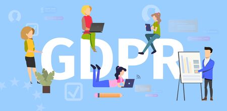 General Data Protection Regulation Flat Vector Banner. Internet Users Using Computers, Working, Making Purchases Online, Business Owner Collecting Information Illustration. Personal Data Protectionのイラスト素材