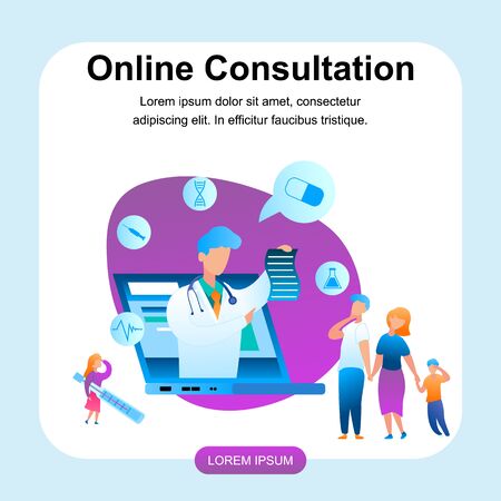 Illustration Doctor Online Consultation Treatment. Banner Vector Male Medical Specialist with Laptop Monitor Screen, Gives Prescription Treating Disease Family with Sick Child. Girl with Thermometer.のイラスト素材