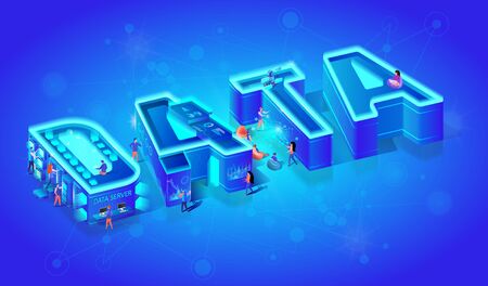 Vector 3d Neon Effect Isometric Word Data on Blue Gradient Background. Little People Using Smart Technology in Life. Artificial Intelligence, Augmented and Virtual Reality Devices.のイラスト素材