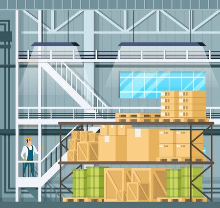 Indoor Storage Full of Goods, Freight on Shelf. Warehouse Interior with Tank, Wooden Pallet and Package. Factory Character in Uniform and Hard Hat Staying on Stairs. Cartoon Vector Illustrationのイラスト素材