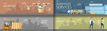 Warehouse Delivering or Distribution Services Set. Automatic Air Freight Supply by Flying Drone. Express Weight Delivery. Control Packing by Worker Character. Flat Cartoon Vector Illustrationのイラスト素材