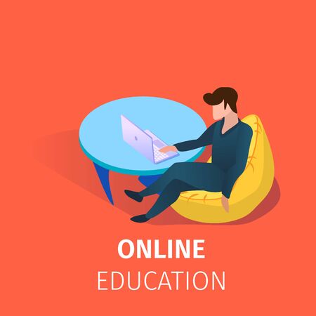 Young Man Sitting in Armchair at Laptop Screen Watching Webinar. Distance Learning. Student Gaining Online Education Using Internet Technology. 3D Isometric Cartoon Vector Illustration, Square Banner.のイラスト素材