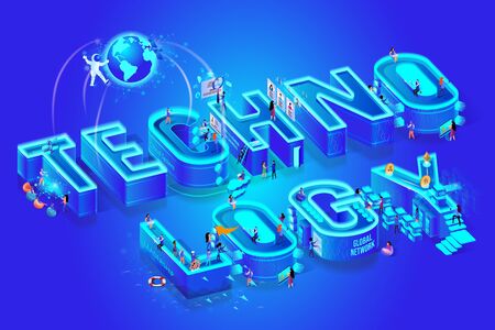 Technology 3d Neon Word. Little People Working on Creation Tech of Future with Smart Brain Computer and Machine and Use it in Life. Global Network. Augmented Reality Isometric Vector Illustration.のイラスト素材