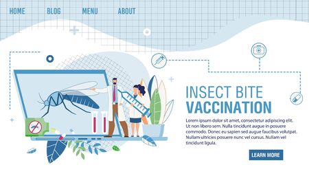 Landing Page for Online Service Offering Insects Bite Vaccination. Cartoon Doctor and Nurse Characters Presenting New Vaccine Protecting Fever, Against Virus from Mosquito. Vector Flat Illustrationのイラスト素材