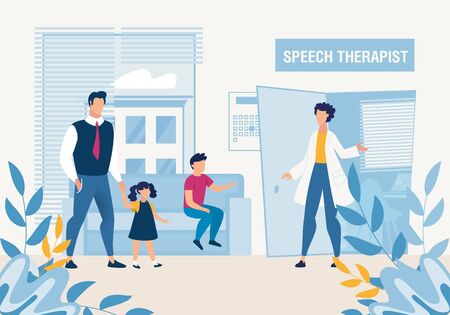 Father with Kids at Speech Therapist Consultation. Cartoon Doctor Welcome Parent with Son, Daughter. Special Pedagogical Science. Prevention, Detection, Elimination Disorders. Vector Flat Illustrationのイラスト素材