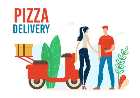 Pizza Delivery Service Trendy Flat Vector Advertising Banner, Promo Poster Template with Fast Food Restaurant or Cafe Delivery Man, Courier Delivering Order on Scooter to Female Client Illustrationのイラスト素材