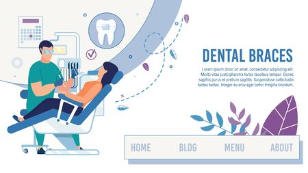 Landing Page Offering Dental Clinic Healthcare Service. Cartoon Dentist Serve Female Client Setting Braces. Dentistry Tooth Care. Stomatological Office. Informational Webpage. Vector Flat Illustrationのイラスト素材