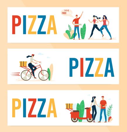 Pizzeria, Fast Food Cafe or Restaurant Trendy Flat Vector Horizontal Advertising Banners, Promotion Posters Templates Set with Delivery Man, Courier Girl Delivering Pizza Orders to Clients Illustrationのイラスト素材