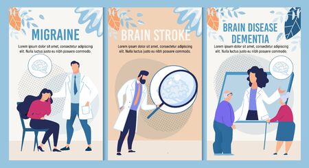 Migraine, Terrible Headache, Brain Stroke, Dementia Diagnosis Disease Therapy for Adult and Retired People. Webpage Banner Set for Online Medical Consultative Service. Vector Cartoon Flat Illustrationのイラスト素材