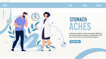 Online Gastroenterological Service Landing Page. Cartoon Man Patient Suffering from Stomach Aches. Woman Doctor Character Giving Consultation. Diagnosis and Treatment. Vector Trendy Flat Illustrationのイラスト素材