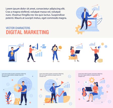 Digital Marketing Service, Business Training Courses or Seminar, E-Commerce Strategy Planning Trendy Flat Vector Advertising Banners, Posters Set with Successful Businesspeople Characters Illustrationのイラスト素材