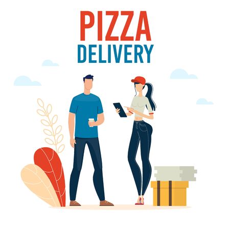 Pizzeria Delivery Service Trendy Flat Vector Advertising Banner, Promo Poster Template with Female Courier in Uniform, Checking Delivery Address on Tablet, Giving Pizza to Male Client Illustrationのイラスト素材