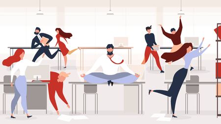Keeping Calm at Workplace Flat Vector Concept with Businessman or Company Employee Meditating, Sitting in Lotus Pose on Desk in Middle of Noisy Office with Busy and Hurrying Colleagues Illustrationのイラスト素材
