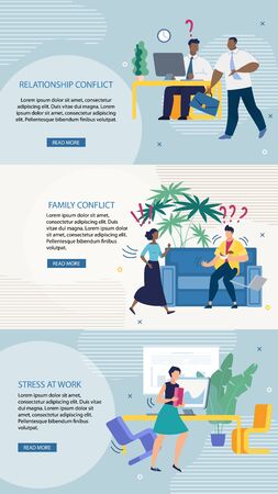 Set Advertising Flyer Relationship Conflict Flat. Poster is Written Family Conflict, Stress at Work. Save Money for Best Results. Misunderstanding in Workplace. Vector Illustration.のイラスト素材