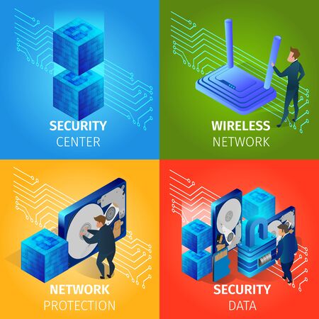 Security Data Center, Wireless Network Square Banners Set. Hosting Server Computer Monitoring Information Database. Information Protection from Hacker Attack. 3D Isometric Cartoon Vector Illustration.のイラスト素材