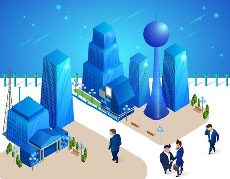 Businessmen Characters Moving among Futuristic Buildings and Skyscrapers in Modern Neon Glowing City. Business Men Walking and Handshaking in Urban Cityscape. 3D Isometric Cartoon Vector Illustration.のイラスト素材