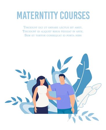 Text Poster Advertising Maternity Courses for Women. Cartoon Husband and Wife Character Hugging. Preparation for Childbirth. School for Parents and Mother. Prenatal Support. Vector Flat Illustrationのイラスト素材