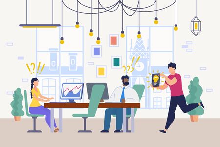Smart New Idea for Business, Problem Unexpected Solution, Innovation in Work Flat Vector Concept. Company Office Workers Sitting at Desks, Surprised Because of Colleague Brilliant Idea Illustrationのイラスト素材
