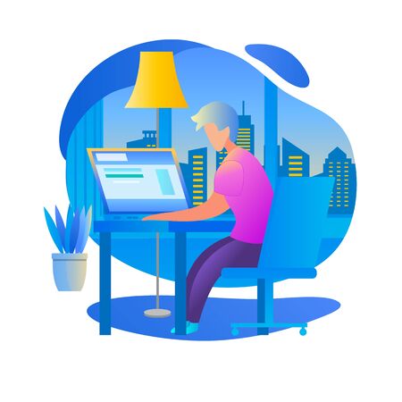 Learning Man Watch Lesson, School Homework. Student Character Study at Home Sitting at Table with Laptop. Interior and Cityscape Background. University, College Infographics. Flat Vector Illustration.のイラスト素材