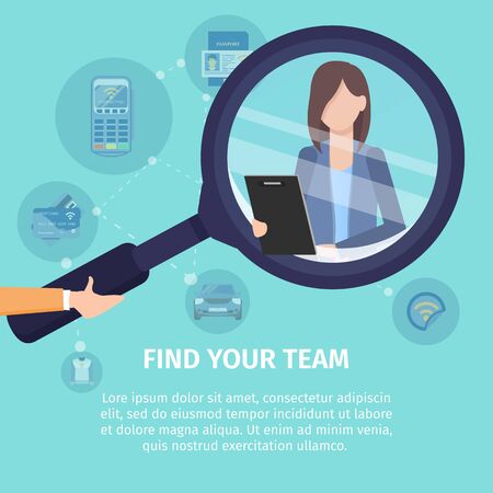 Find Your Team Flat Vector Square Advertising Banner. Recruiting Agency, Employment Service Prom Poster Template. Human Hand Holding Magnifying Glass, Magnifying Businesswoman with Tablet Illustrationのイラスト素材