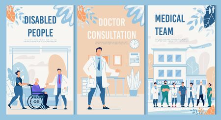 Physical Therapy and Rehabilitation Professional Services Hospital Set. Disabled People, Doctor Consultation, Medical Team Flat Flyers Collection. Healthcare and Medicine. Vector Cartoon Illustrationのイラスト素材