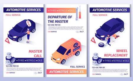 Automobile Service Editable Brochure. Set of Master Call Flyers with Telephone Number, Place for Text. Promotion Posters Offers Spare Parts for Sale and Wheel Replacement. Vector 3d Illustrationのイラスト素材