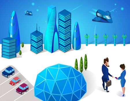 Business Man and Woman Handshaking near Sphere Glass Dome in Modern City with Futuristic Glass Buildings, Car Parking and Spaceships Transport Flying in Sky 3D. Isometric Cartoon Vector Illustration.のイラスト素材