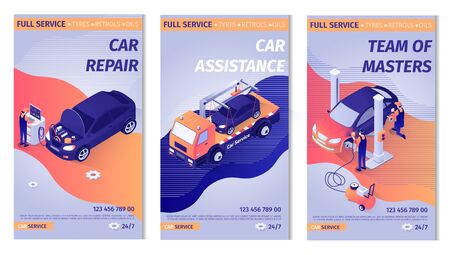 Set of Promo Vertical Posters for Car Service. Team of Masters Repairing Vehicle, Doing Computer Diagnostics, Painting Automobile. Offer of Evacuator Assistance. Vector Isometric 3d Illustrationのイラスト素材