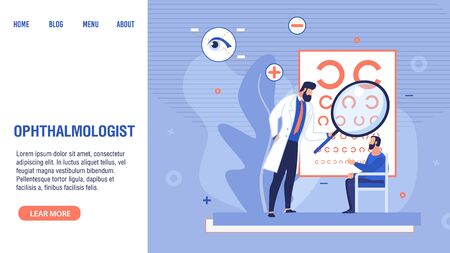 Doctor Ophthalmologist Checking Male Patient Sight, Conducting Optical Eyes Test and Spectacles Technology. Ophthalmology Medicine, Eyesight Examination. Trendy Flat Landing Page. Vector Illustrationのイラスト素材