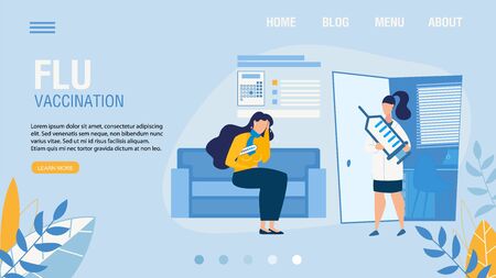 Landing Page Offering Flu Shot Vaccination Service. Cartoon Sick Woman Patient Having Cold and Doctor Character in Uniform Holding Huge Syringe. Telemedicine and Healthcare. Vector Illustrationのイラスト素材