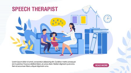 Webpage Banner with Children and Speech Therapist. Special Didactic Training and Education for Kids with Conversational Disorders. Medicine, Healthcare and Pedagogics. Vector Cartoon Flat Illustrationのイラスト素材