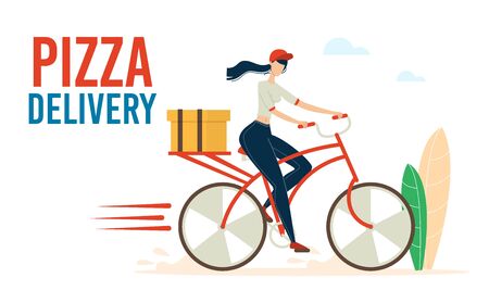 Pizza Express Delivery Service Trendy Flat Vector Advertising Banner, Poster Template with Female Courier, Woman Riding Bicycle, Hurrying While Delivering Cardboard Box, Restaurant Order Illustrationのイラスト素材
