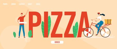 Pizzeria, Fast Food Restaurant or Cafe Trendy Flat Vector Web Banner, Landing Page Template with Deliveryman Holding Pizza Boxes, Female Courier on Bicycle Delivering Clients Order Illustrationのイラスト素材