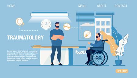 Flat Landing Page for Online Traumatology Medical Center. Patient on Wheelchair with Fractured Injured Leg in Gypsum. Doctor Consulting Treating Man. Telemedicine. Vector Cartoon Illustrationのイラスト素材