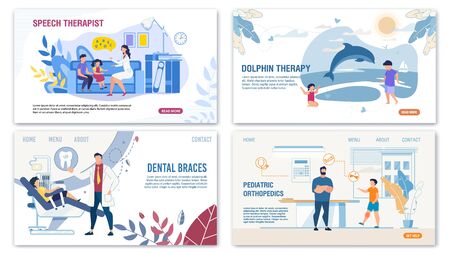 Kids Treatment, Children Diseases and Disorders Landing Page Set. Alternative Medical Methods. Dolphin Therapy, Pediatrics Orthopedics and Dentistry, Speech Recovery. Vector Illustrationのイラスト素材