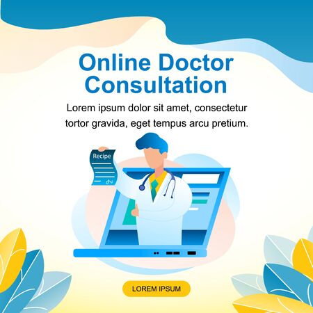 Banner Illustration Online Doctor Consultation. Vector Image Male Medical Professional who has Written an Online Treatment Recipe. Pediatrician in White Medical Gown Screened Laptop Monitorのイラスト素材
