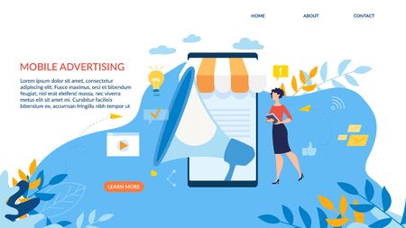 Advertising Banner is Written Mobile Advertising. Poster Office Communication Rules. Girl with Folder Pokes Near Large Smartphone. Loudspeaker on Screen Cartoon. Vector Illustration.のイラスト素材