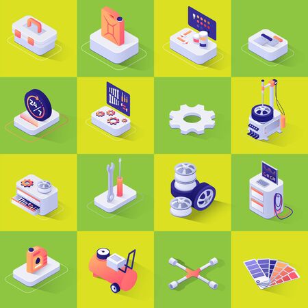 Set with Isometric Icons with Tools and Equipment for Automobile and Consumables Repair and Diagnostics, Wheel Replacement, Painting and Polishing. Vector 3d Illustration on Color Backdropのイラスト素材