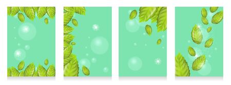 Set of Realistic Illustration Fresh Mint Leaves on Green Background. 3d Vector image with Mint Leaves Flying in Sunshine and Bubbles. Cooling Effect Mint Products. Advertising Banner or Brochureのイラスト素材