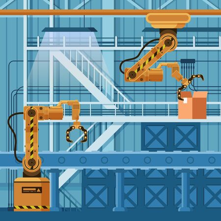 Robot Arm Crane Packing Carton Box on Conveyor. Warehouse Manufacture Automatic Technology. Mechanical Yellow Grip Robotic Claw. Freight Boxing System. Flat Cartoon Vector Illustrationのイラスト素材